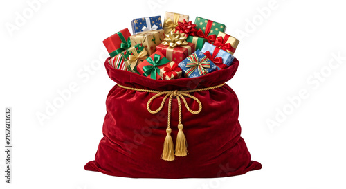 Santa Claus velvet red sack filled with colorful gifts