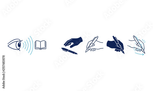 Vector illustration set of study icons, reading book, reaching for pen, holding pen, writing notes, manual skill, educational process, graphic design.
