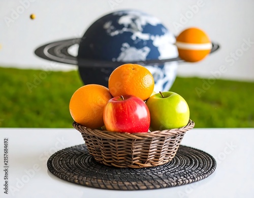 Colorful ceramic bowl filled with fresh fruits on table.