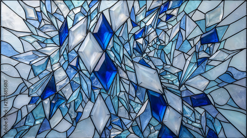 Abstract stained glass geometric pattern with blue and white diamond shapes in modern art design