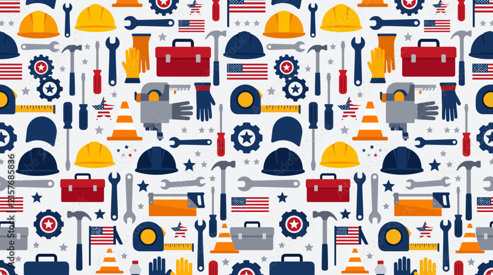 Fototapeta premium Seamless vector pattern design featuring construction tools, safety gear, and hardware equipment for labor day