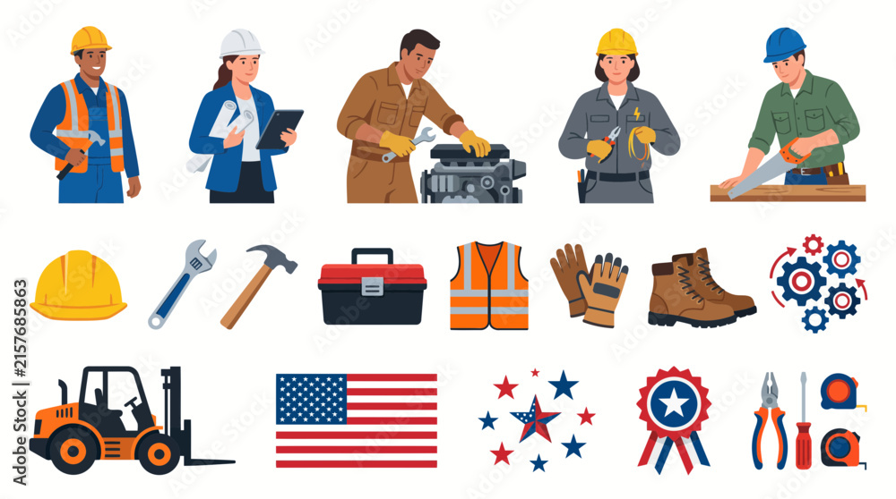 Fototapeta premium Collection of Industrial Workers Construction Tools and Professional Equipment Vector Icons Set