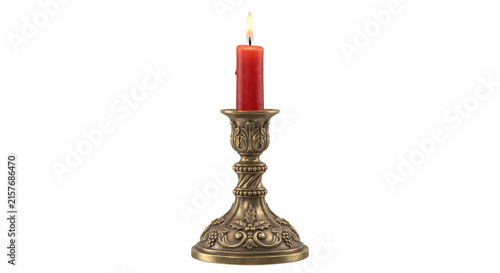 Fotografie Burning red candle in an ornate bronze candlestick holder on transparent backgro