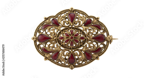 Fotografie Ornate vintage gold brooch with red enamel teardrop stones on transparent backgr