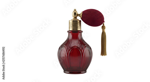 Fotografía Vintage ruby red glass perfume atomizer with gold pump and tassel on transparent
