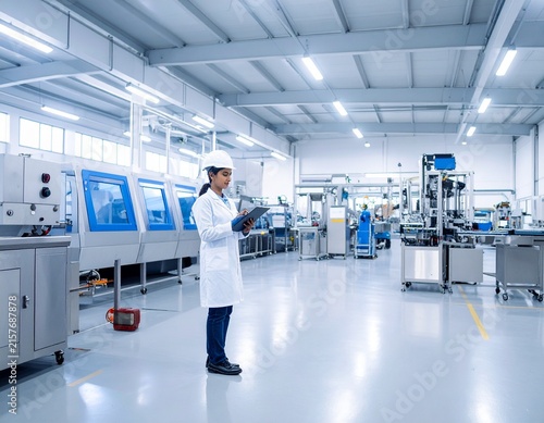 Ultra-realistic premium industrial stock photograph inside a modern Indian manufacturing plant, showcasing advanced machinery, clean floors, and efficient production.