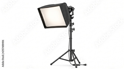 Professional studio softbox on tripod stand, photography lighting equipment for video production, black flash light modifier