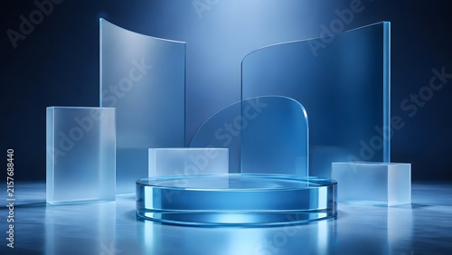 Glass podium display with translucent geometric shapes for luxury perfume branding.