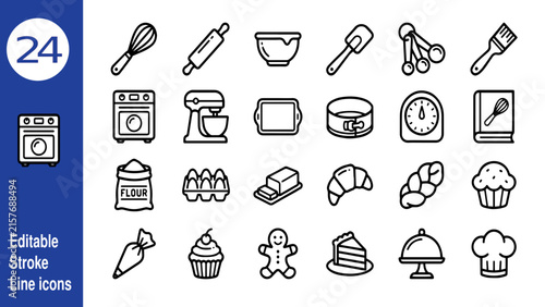Baking line icons set, 24 kitchen tools and pastry symbols, editable stroke bakery equipment vector, cooking utensils collection isolated on White Background