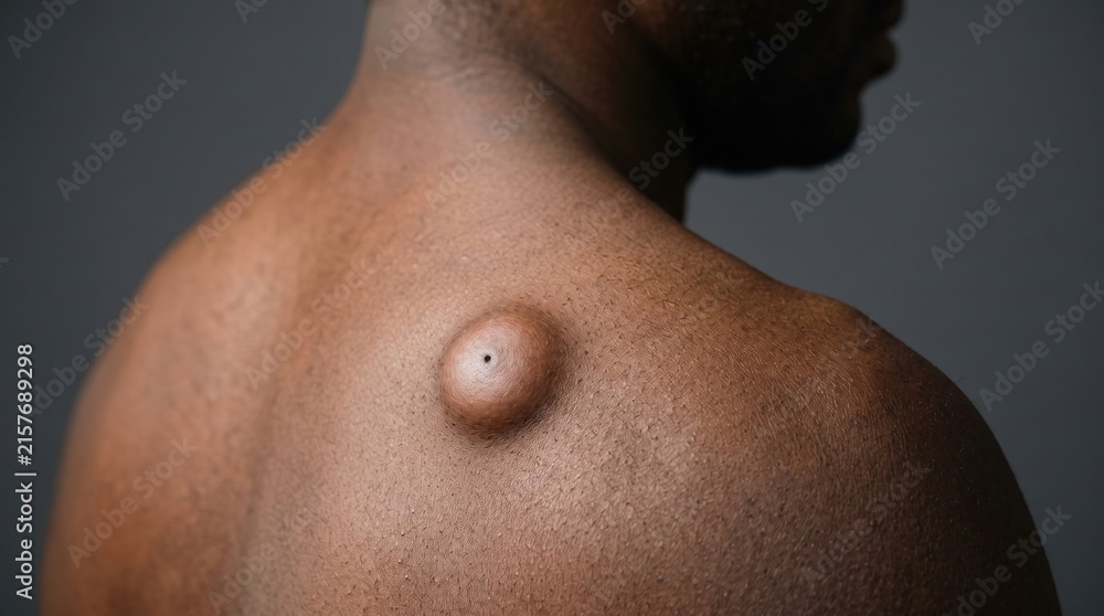 Naklejka premium Close-Up Shot of Large Epidermal Sebaceous Cyst on Dark Skin Shoulder