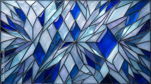 Vibrant stained glass crystalline pattern background with geometric blue and white shapes