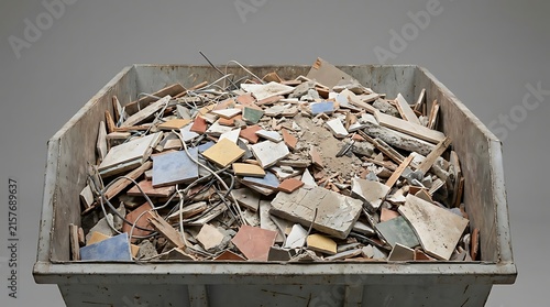 Metal dumpster containing demolition waste concrete chunks and rusty rebar