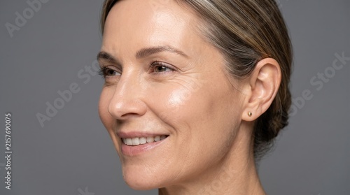 Close-Up Side Profile of Smiling Middle Aged Woman Showing Natural Eye Wrinkles and Radiant Skin