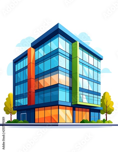 Modern multi-story office building with colorful glass facade.
