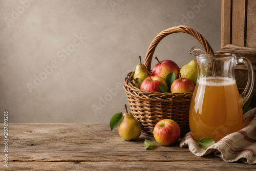 Apple juice with apples and pears in a basket. Space for text.