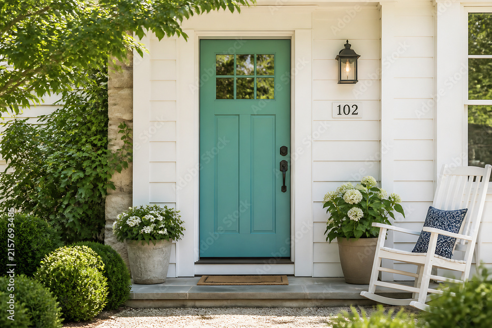 Fototapeta premium A front entrance of a white house with a teal door and the number 102, surrounded by greenery.
