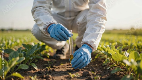 Agricultural scientist collects soil samples from a field in a protective suit. This research image represents modern agricultural innovation and sustainable farming practices.