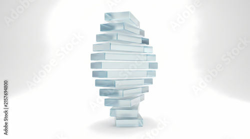 A DNA-like double helix structure is creatively formed from stacked clear glass rectangles.