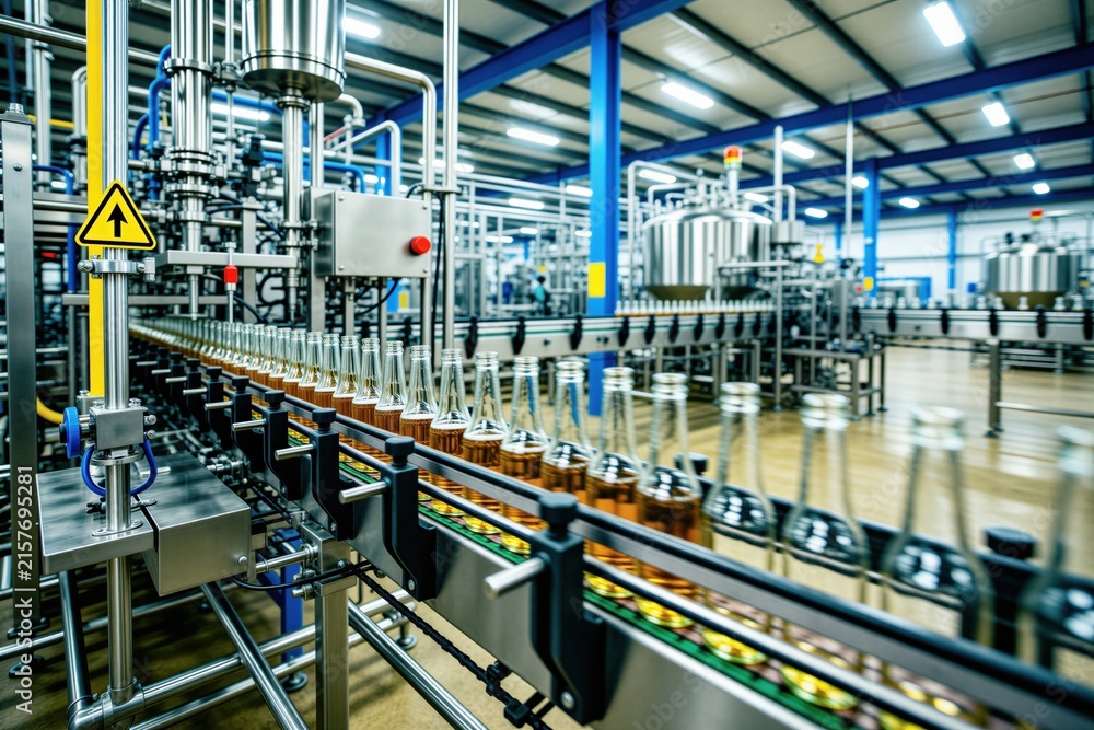 Fototapeta premium Modern beer factory interior features stainless steel machines for bottling craft beverages. Rows of glass containers move along automated production line conveyor system. Industrial brewery plant