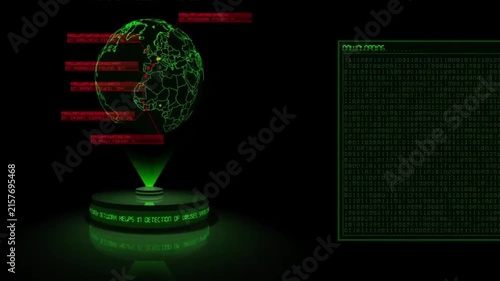 Futuristic 3D hologram Earth globe displaying global cyber threat security network tracking virus locations and data terminal background