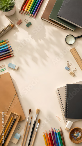 Flat Lay Of Colorful Art And School Supplies On Desk