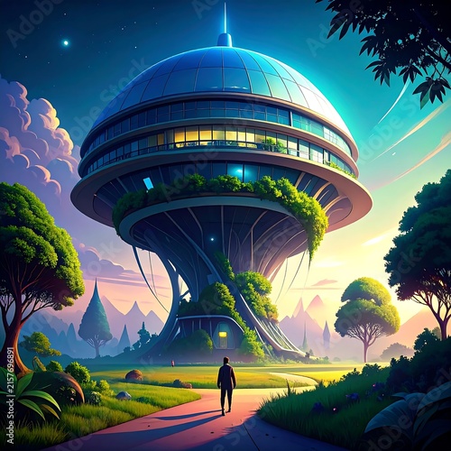 Futuristic dome structure with vibrant light beams at night.