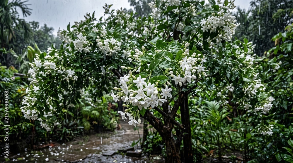 Fototapeta premium White flowers blooming on a tree in a lush green garden