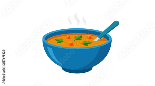 Hot vegetable soup in blue bowl with spoon, isolated on transparent background, steam rising, healthy food illustration