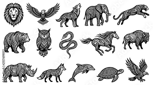 Intricate Tribal Animal Illustrations - Lion, Eagle, Wolf, Elephant, Panther, Bear, Owl, Snake, Horse, Bison, Rhino, Fox, Dolphin, Turtle
