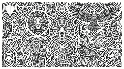 Intricate Tribal Animal Pattern: Lion, Elephant, Bear, Eagle, Wolf, Fox, Owl, Snake, Horse