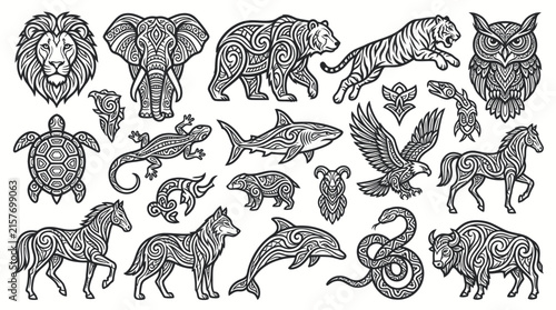 Intricate Tribal Animal Illustrations Set Isolated on Transparent Background - Lion, Elephant, Bear, Tiger, Owl, Horse, Eagle, Wolf