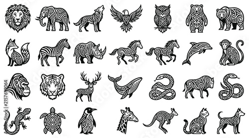 Intricate Tribal Animal Illustrations Set - Isolated Vector Graphics on Transparent Background