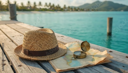 Vintage straw hat and brass compass on wooden pier, tropical island travel map, summer vacation adventure concept