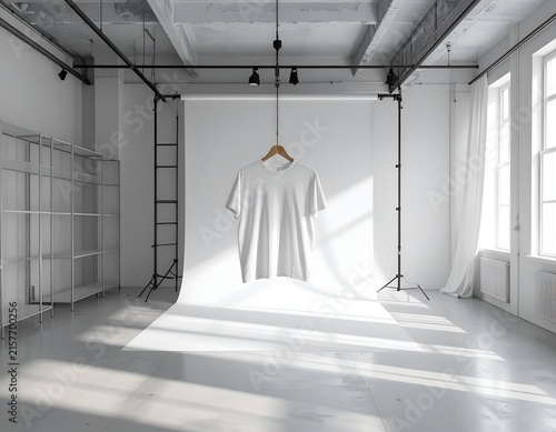 White t-shirt mockup hanging in spacious industrial warehouse.