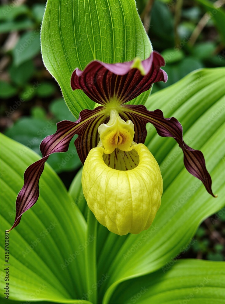 Naklejka premium Macro shot of yellow lady slipper orchid flower grows in forest environment. Rare wild cypripedium calceolus bloom displays purple petals, green leaves. Botanical beauty in natural habitat. Detail