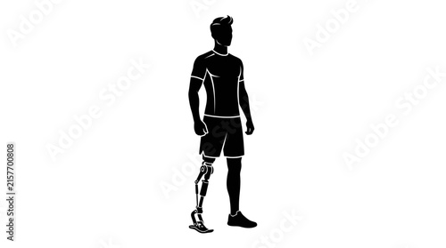 An adult male standing tall while wearing a functional lower limb replacement device for physical mobility and personal independence representing recovery and strength in daily life challenges
