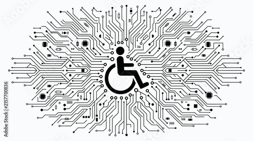 Digital accessibility concept featuring a wheelchair symbol integrated into a complex network of electronic circuits and futuristic processing paths symbolizing inclusivity in technology