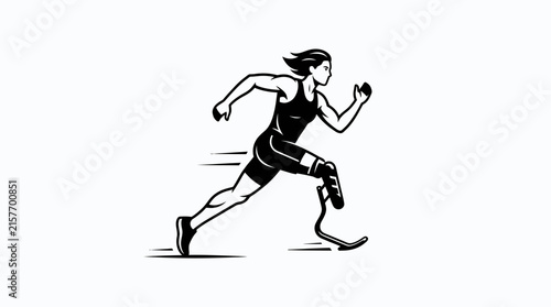 An inspiring silhouette of a female athlete running forward rapidly with a prosthetic leg demonstrating incredible perseverance and determination during a sporting competition event today