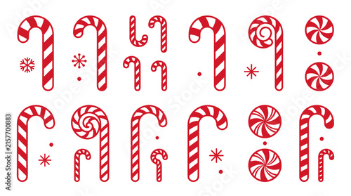 Christmas candy cane vector set, red and white peppermint holiday sweets collection, festive winter sugar treats for greeting cards, 16 striped candy icons for seasonal graphic design isolated