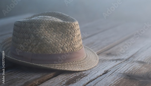 Vintage straw fedora hat on rustic wooden table, classic summer headwear with ribbon, moody cinematic lighting on weathered wood