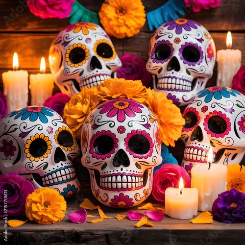 Altar tradicional del Día de los Muertos con calaveras de azúcar decoradas, velas encendidas y flores de cempasúchil