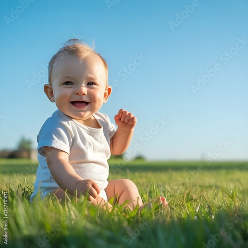 Bebé feliz sonriendo y sentado en el césped verde bajo un cielo azul despejado