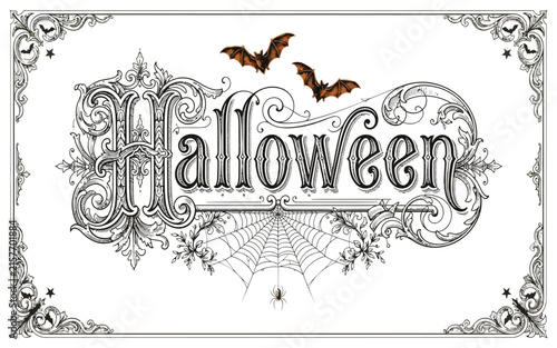 Vintage halloween illustration with bats and spooky decorative elements in black and white
