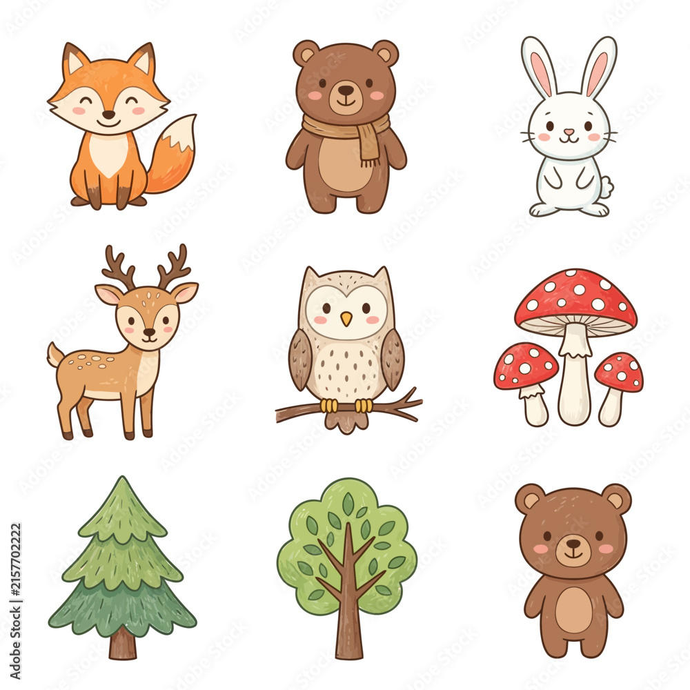 Naklejka premium A collection of cute woodland creatures and natural elements, including a fox, bear, rabbit, deer, owl, mushrooms, pine tree, and deciduous tree, are depicted in a charming cartoon style.