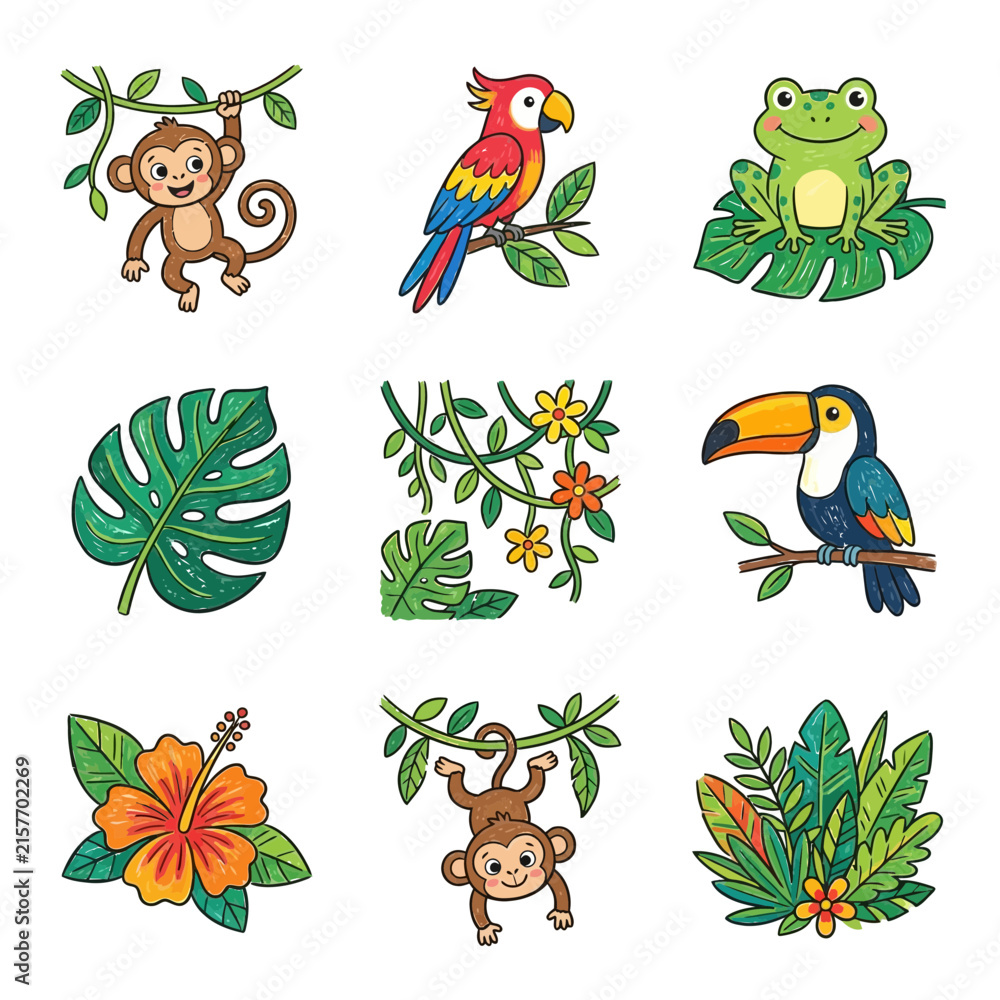 Naklejka premium Cartoon jungle animals and tropical plants are arranged in a grid, featuring a monkey, parrot, frog, toucan, and various foliage on a white background.