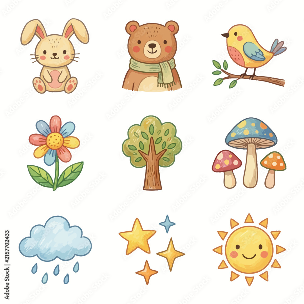 Naklejka premium A delightful collection of hand-drawn cartoon illustrations showcases various adorable animals, cheerful plants, and charming weather elements, presented on a clean white background.