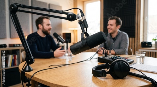 Professional podcast studio recording session, two men talking into microphones, radio broadcasting and digital media production