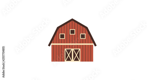Isolated Red Barn with White Trim and Double Doors, Rustic Farm Building Illustration