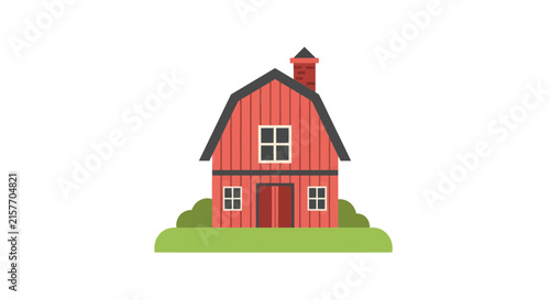Isolated red barn house with chimney and green bushes on white background, flat design illustration