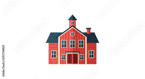 Isolated Red Barn House Illustration with Steeple and Chimney, Rural Architecture Vector